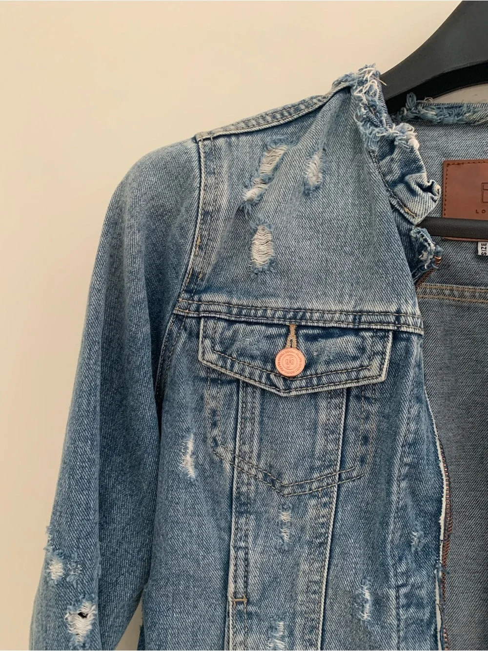 Cropped Distressed Denim Jacket - Blue